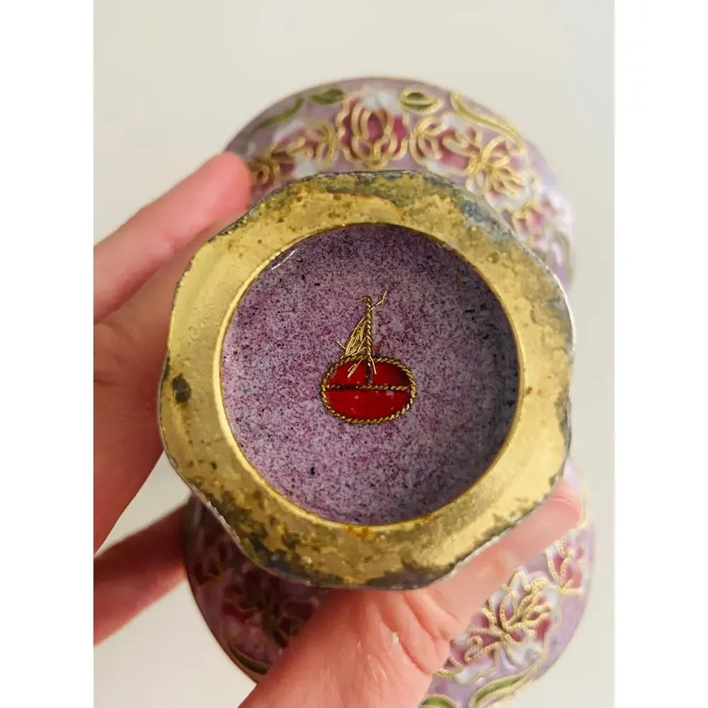 Vintage Chinese Cloisonne Lavender Purple Basket Vase Brass Floral Enamel, 6.25